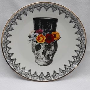 HARVEST GREEN STUDIO HALLOWEEN TOP HAT SKULL FLOWERS GOLD DINNER PLATES-S/4 - #B